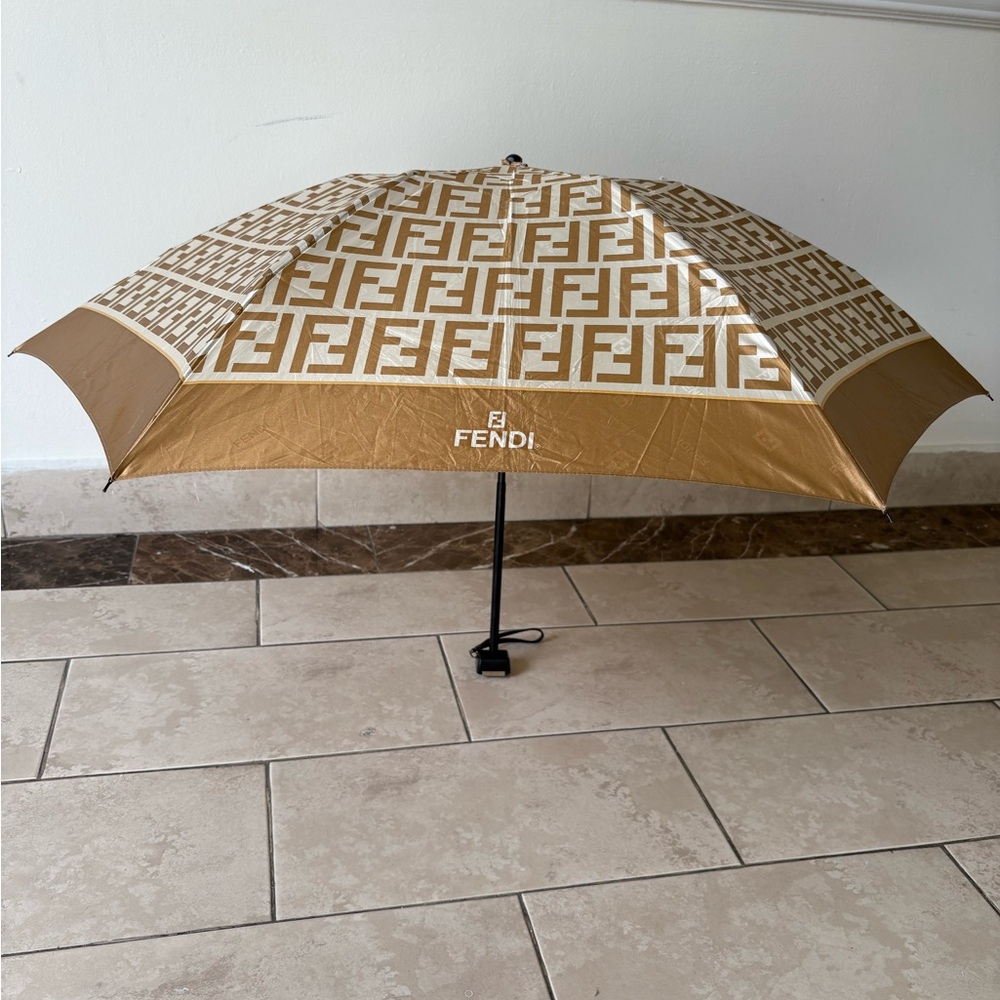 Fendi Foldable Monogram Umbrella in Tan & White